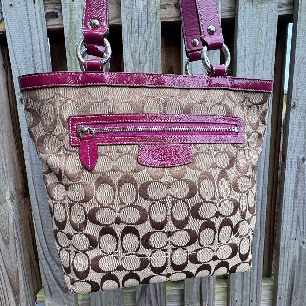 Coach Beige Signature Canvas Tote with Pink Trim